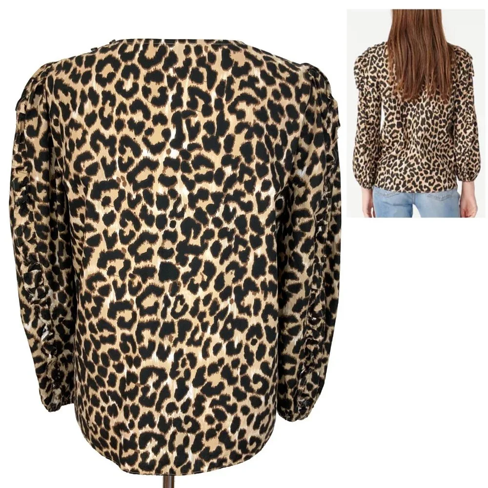 J. Crew Cotton Leopard Print Long Ruffle Trim Sleeves Blouse Sz S
